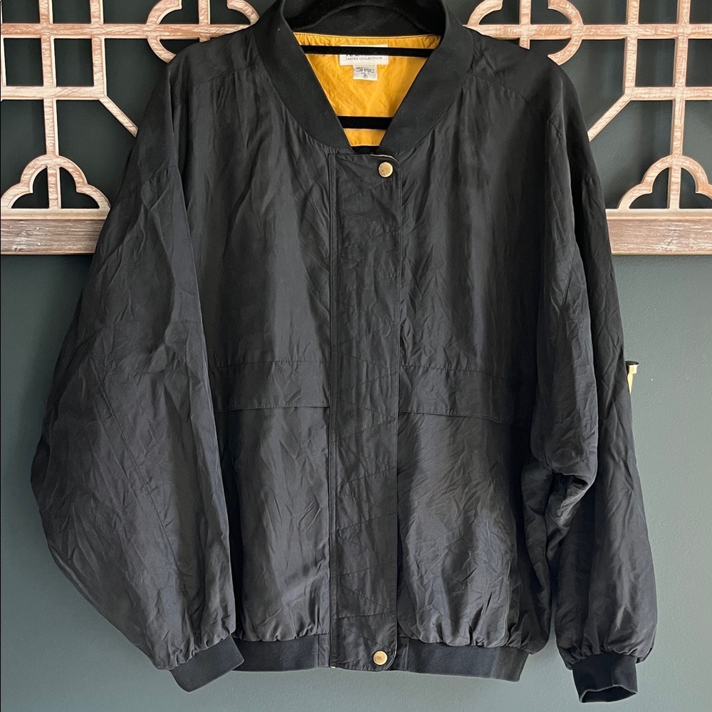 Black Women's 100% Silk Bomber Jacket; Brass Buttons; Zipper